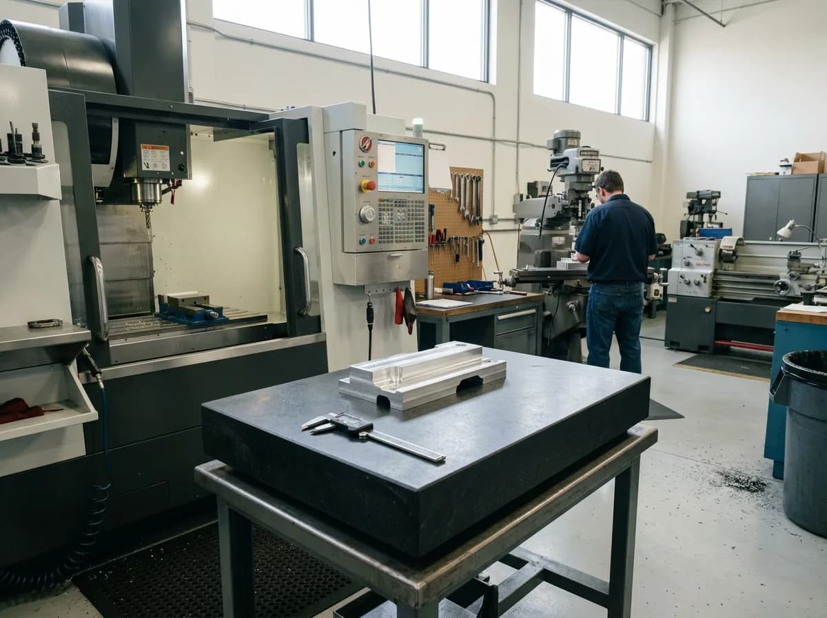 A tidy machine shop with a CNC machining center open beside a machined aluminum part and calipers on a granite surface plate.