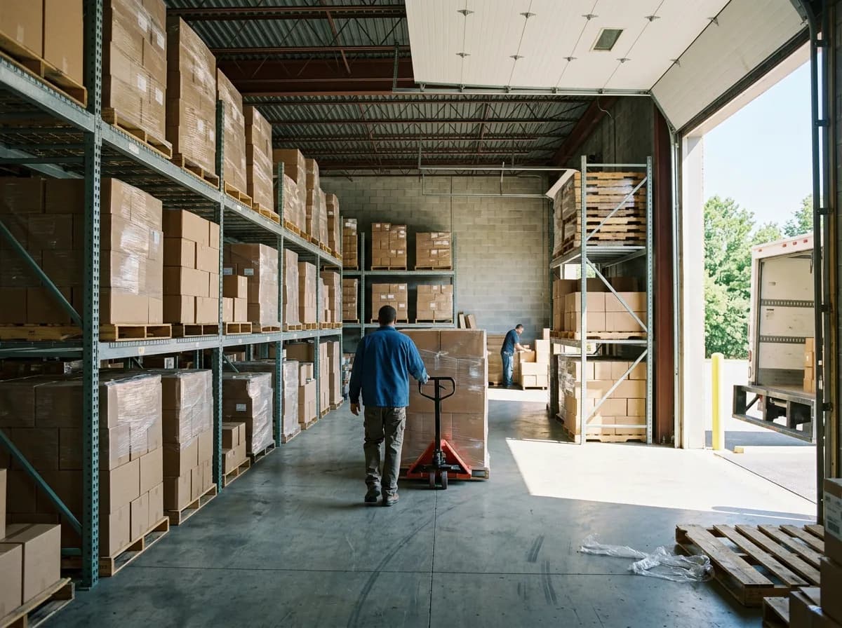 A clean distribution warehouse with racking and boxed pallets, a pallet jack in the aisle and a dock door open to daylight.