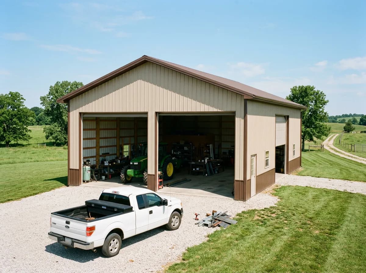 A finished steel shop building with a tall overhead door, gravel drive and green grass in bright daylight.